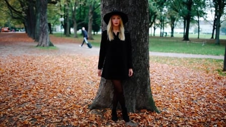 Autumn Cowgirl. . - fun, female, boots, fashion, hats, western, leaves, cowgirl, style, women, trees, models, girls, outdoors, autumn, blondes, ranch