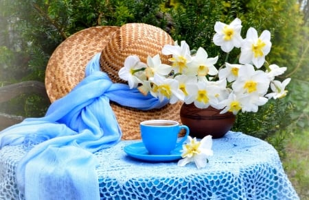 Spring still life - hat, pretty, veil, vase, coffee, beautiful, spring, tea, lovely, freshness, still life, bouquet, flowers, time, narcissus, cup