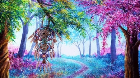 Dreamcatcher in Forest - trees, forest, pink, fog