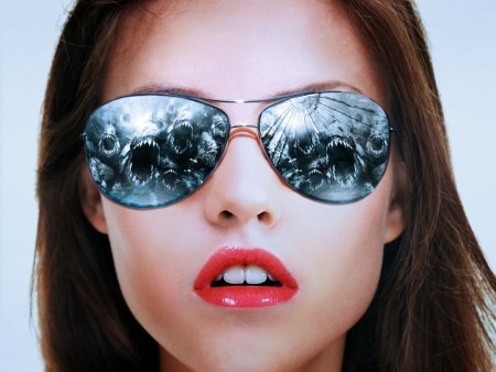 Piranha - woman, face, girl, lips, piranha, red, fish, sunglasses