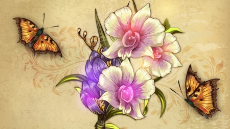 Vintage Floral - summer, butterflies, spring, light, flowers, Firefox Persona theme, vintage, floral, parchment