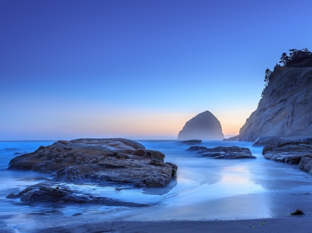 Haystack Sunset - sunset, nature, coast, beach, rocks, sky