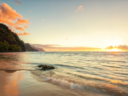 Napali Beach,Hawaii - nature, sky, ocean, beach, sunset, sand, coast