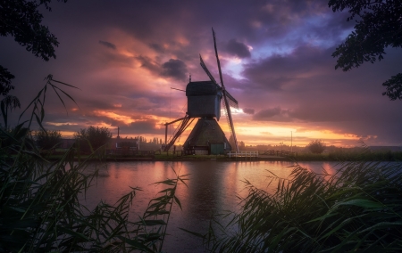 Windmill at Sunset - Sunset, Lake, Nature, Sky