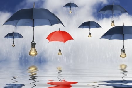 Fantasy - bulb, fantasy, umbrella, blue, red, light, creative