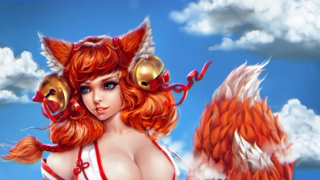 Fox girl - game, blue, ears, fox, girl, beauty, orange, tail, bell, cysh, ahri, frumusete, fantasy, alexandra cvetkova, redhead, luminos