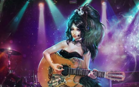 Katy - purple, lights, guitar, brunette, girl, katy, fantasy, singer, scene, alexandra cvetkova, luminos, woman