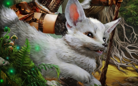 White fox - alexandra cvetkova, game, fantasy, animal, journey, white fox, art, luminos