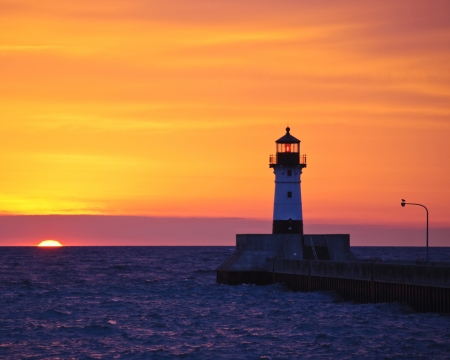 First Light - sky, lighthouse, water, nature, sun, sunrise