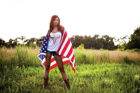 Patriotic Cowgirl - american flag, flag, trees, cowgirl, field, boots, brunette, grass