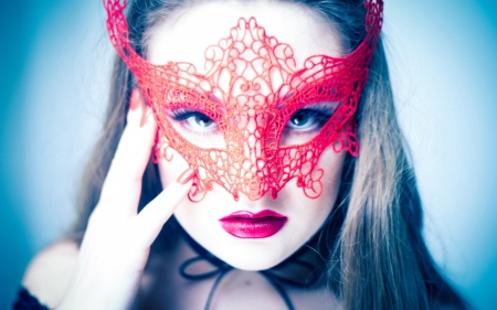 Beauty - woman, mask, girl, lips, model, face, pink, hand, blue, lace