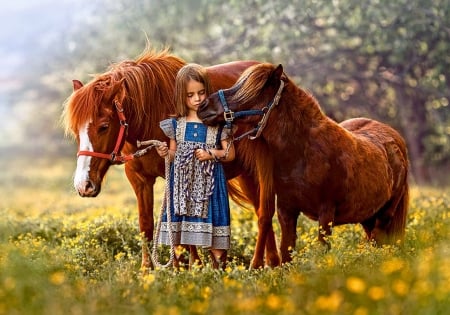 Her Best Friends - flowers, trees, girl, spring, meadow, horse