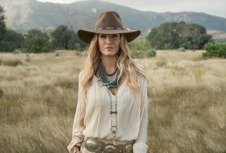 Cowgirl Style - jewelry, trees, mountain, hat, cowgirl, field, blonde