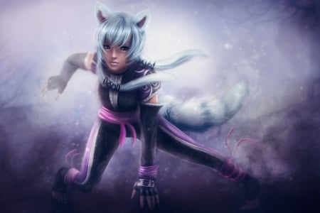 Fox girl - tail, purple, pink, girl, frumusete, fox, aurora, white, fantasy, eddy shinjuku, luminos