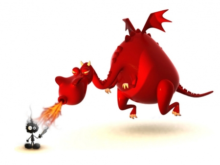 Ups! - funny, creative, fire, fantasy, white, situation, man, red, dragon