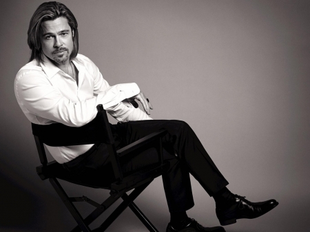 Brad Pitt - black, actor, white, Brad Pitt, bw, man, chair