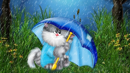 Keeping Kitty Dry - summer, spring, grass, shower, cat, flowers, Firefox Persona theme, umbrella, kitten, rain, yard, kitty