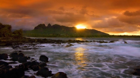 Sunset on Seacoast,Kauai Hawaii - nature, sunset, mountains, sea, rocks, coast