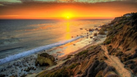 Sunset Over the Sea - sunset, nature, cliff, sea, ocean, reflection, rocks, sky