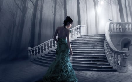 gothic wonderland - tree, forest, girl, stairs