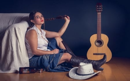 Resting Place. . - style, girls, western, guitar, women, models, hats, ranch, brunettes, cowgirl, fun, table, female, music, boots, fashion