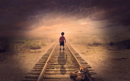 Lost boy - creative, copil, toy, child, bear, boy, fantasy, trail, lost, teddy