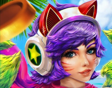 Ahri - face, red, purple, beauty, game, girl, frumusete, ahri, fantasy, ears, lol, alexandra cvetkova, league of legends, luminos