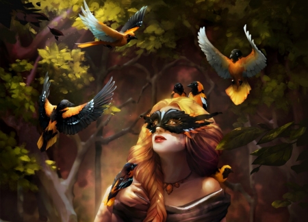 Oriole girl - girl, mask, black, fantasy, pasare, bird, oriole, yellow, anna verhoog, luminos