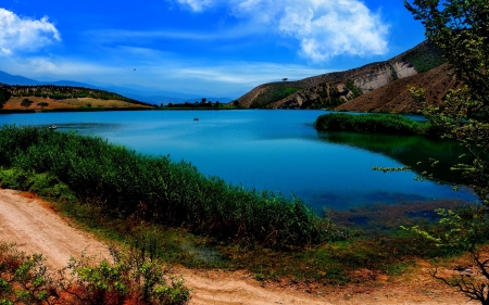 Blue Summer Sky Above the Lake - summer, sky, lake, path, hill, clouds, trees, nature