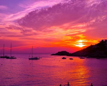 Sea Sunset - mountains, clouds, sunset, sea, nature, boats