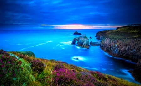 The coastline of Cornwall - England, coastline, blue, beautiful, sea, ocean, wildflowers, Cornwall, view, sky, rocks