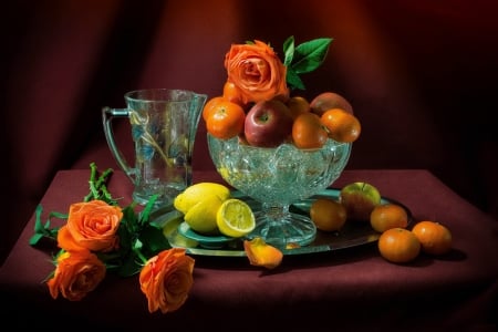 Still life - pretty, roses, beautiful, fragrance, lovely, still life, leaves, flowers, apples, scent, fruits, lemon