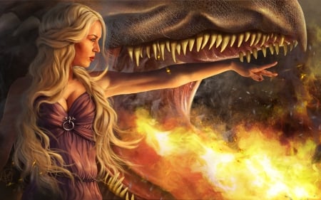 Daenerys Targaryen - game of thrones, game, girl, daenerys targaryen, fantasy, dragon, fire, art, luminos