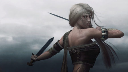 Viking girl - fighter, viking, fantasy, woman, rendering, girl, blonde, sword