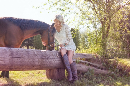 Cowgirl ~Madeline Merlo - women, fun, girls, models, trees, female, cowgirl, bench, singer, western, style, fashion, boots, outdoors, songwriter, horse, blondes, ranch, madeline merlo, dress, blonde