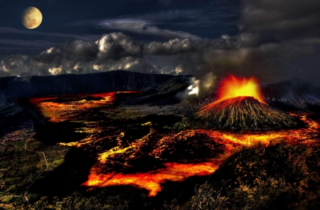 Volcanic Mountains - moon, lava, fire, clouds