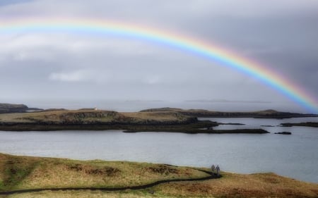 Rainbow Over the Sea - nature, sky, rainbow, road, sea