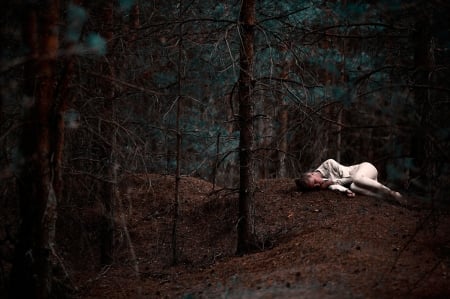 lonely forest - tree, girl, gothic, forest