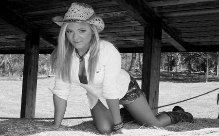 A Hiding Place. . - style, girls, western, women, hats, ranch, outdoors, cowgirl, fun, female, boots, blondes