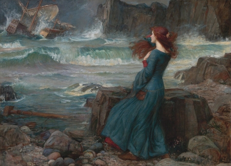 The tempest - rock, wind, water, girl, redhead, blue, art, pictura, storm, tempest, sea, luminos, painting