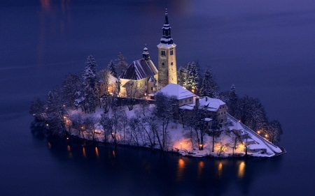 Church On Bled Island, Slovenia - water, Slovenia, snow, sea, island, isolated, ocean, architecture, medieval, Bled Island, Church, surrounde