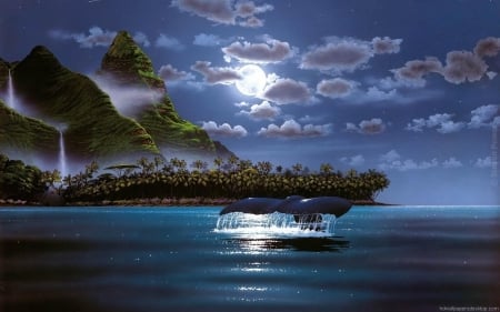 Silent night - moon, water, island, sea, ocean, sky