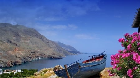 Boat on Shore - calm, flowers, shore, nature, boat, sea, lake, mountain