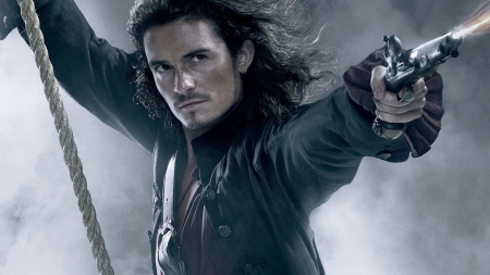 Pirates of the Caribbean: On Stranger Tides (2011) - pirates of the caribbean, actor, poster, gun, on stranger tides, man, Orlando Bloom, black, fantasy, mist, movie