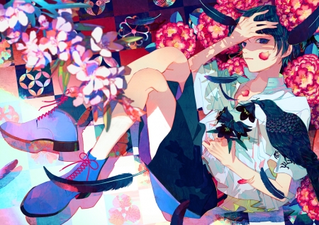 Girl and bird - girl, pasare, bird, crow, akiakane, pink, anime, flower, manga