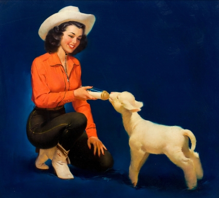 Cowgirl - hat, blue, lamb, mayo olmstead, orange, cowgirl, pictura, painting, woman, art, luminos