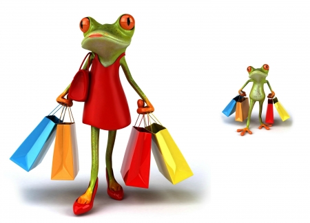 Shopping day - yellow, blue, shopping, bag, colorful, funny, red, green, frog