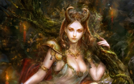 Forest demoness - woman, art, girl, andrey vasilchenko, forest demoness, fantasy, horns, demon