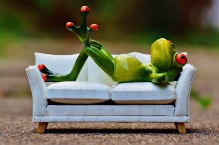 Relaxing - relax, white, sofa, funny, green, figurine, cute, frog