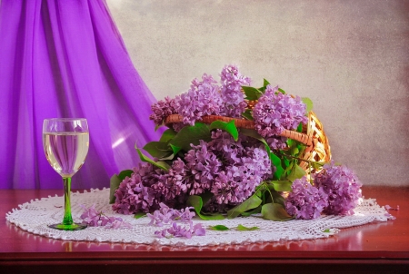 Still lfie with lilac - pretty, beautiful, fragrance, lilac, lovely, still life, bouquet, flowers, basket, wine, champagne, scent, glass